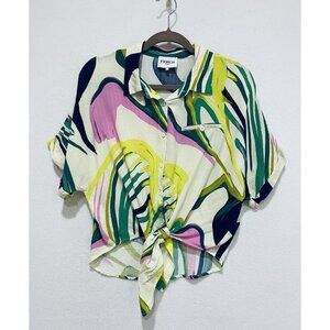 FRNCH Paris Top Womens Medium Abstract Floral Tie Waist Button Up Boho Beachy